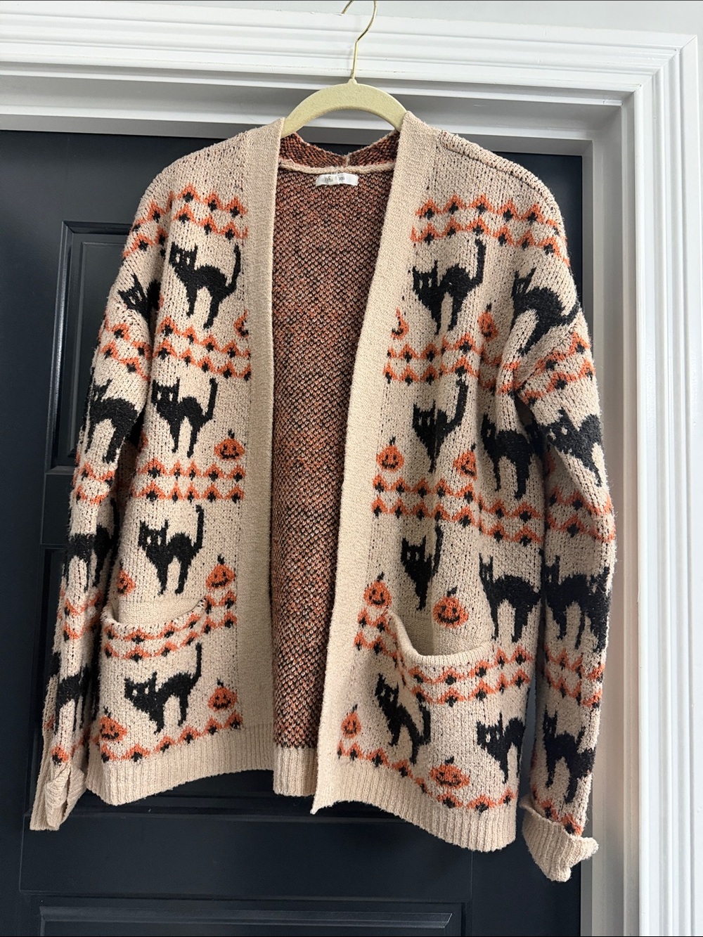 Maurices Beige Cardigan with Black and Orange Cat Pattern